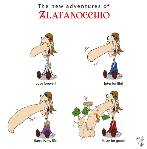 Cartoon: Zalatanoccio (medium) by omomani tagged zalatan,ibrahimovic,ac,milan,inter,juventus,barcelona,pinocchio,football