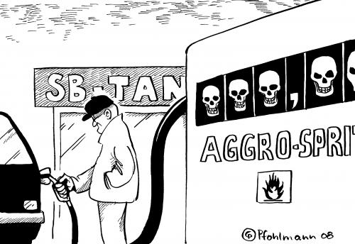 Cartoon: Aggro-Sprit (medium) by Pfohlmann tagged agrosprit,biosprit,sprit,biosprit,tödlich,autofahren,auto,fahrzeuge,tod,tankstelle,wirtschaft,ressourcen,rohstoffe,benzin,tanken,entzündlich,agrosprit,totenkopf,warnhinweis,warnung,giftig