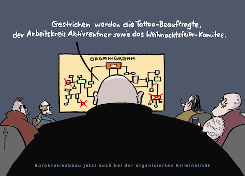 Banden-Bürokratie (medium) Cartoon: Banden-Bürokratie (medium) by Pfohlmann tagged kriminalität,organisierte,verbrecher,bürokratie,verwaltung,organigramm,stellenabbau,management,verschlankung,aktivrentner,weihnachtsfeier,tattoos,clan,bandenkriminalität,kriminalität,organisierte,verbrecher,bürokratie,verwaltung,organigramm,stellenabbau,management,verschlankung,aktivrentner,weihnachtsfeier,tattoos,clan,bandenkriminalität