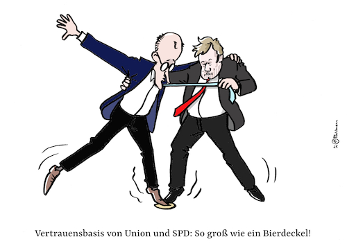 Cartoon: Bierdeckel-Basis (medium) by Pfohlmann tagged bundestagswahl,merz,klingbeil,cdu,union,spd,koalitionsverhandlungen,groko,vertrauen,afd,basis,bierdeckel,brandmauer,bundestagswahl,merz,klingbeil,cdu,union,spd,koalitionsverhandlungen,groko,vertrauen,afd,basis,bierdeckel,brandmauer