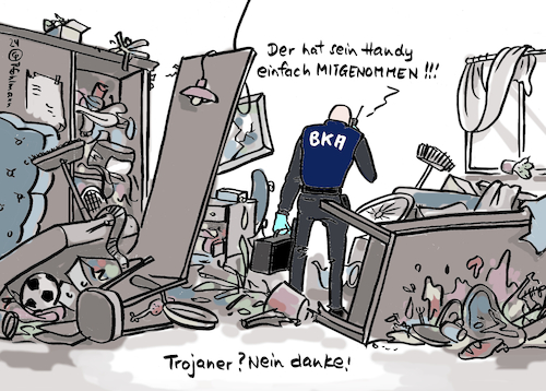 Cartoon: BKA überlistet (medium) by Pfohlmann tagged bka,sicherheitspolitik,wohnung,hausdurchsuchung,tkü,überwachung,handy,smartphone,trojaner,software,mobiltelefon,terrorismus,terrorist,innenministerin,faeser,ermittler,trick,hacken,it,bka,sicherheitspolitik,wohnung,hausdurchsuchung,tkü,überwachung,handy,smartphone,trojaner,software,mobiltelefon,terrorismus,terrorist,innenministerin,faeser,ermittler,trick,hacken,it