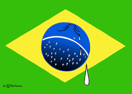 Cartoon: Brasilien weint (medium) by Pfohlmann tagged 2020,corona,coronavirus,covid19,brasilien,flagge,träne,tote,weinen,pandemie,2020,corona,coronavirus,covid19,brasilien,flagge,träne,tote,weinen,pandemie