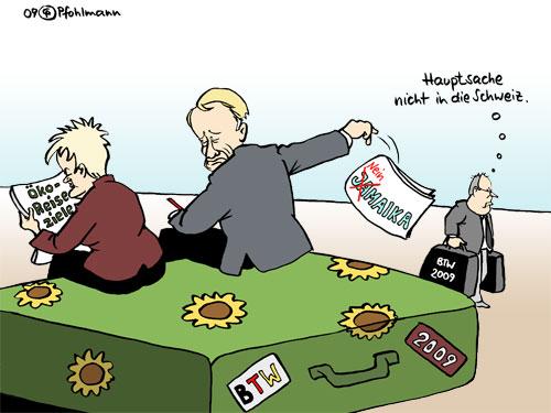 Cartoon: Bundestagswahl-Reisen (medium) by Pfohlmann tagged bundestagswahl,richtungsstreit,koalition,jamaika,schweiz,steinbrück,künast,trittin,grüne,reise,urlaub,koffer