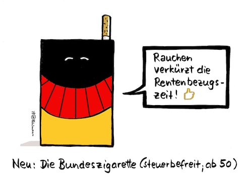 Cartoon: Bundeszigarette (medium) by Pfohlmann tagged zigaretten,rauchen,zigarettenschachtel,tabaksteuer,sucht,nikotin,rentenreform,rentenversicherung,rentenbezug,lebenserwartung,gesundheit,krankheit,zigaretten,rauchen,zigarettenschachtel,tabaksteuer,sucht,nikotin,rentenreform,rentenversicherung,rentenbezug,lebenserwartung,gesundheit,krankheit