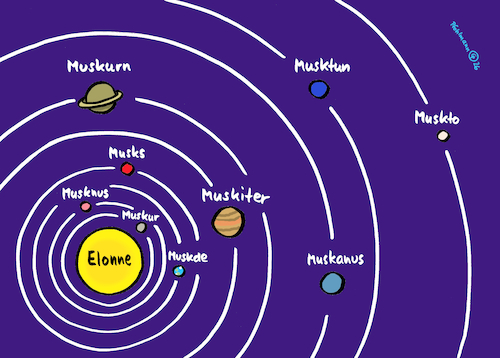 Cartoon: Das Elonnensystem (medium) by Pfohlmann tagged sonnensystem,astronomie,planeten,musk,spacex,börsengang,reichtum,macht,billionär,planetensystem,raumfahrt,marsmission,weltall,universum,sonnensystem,astronomie,planeten,musk,spacex,börsengang,reichtum,macht,billionär,planetensystem,raumfahrt,marsmission,weltall,universum