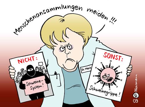 Cartoon: Dr. Merkels Warnung! (medium) by Pfohlmann tagged angela,merkel,bundeskanzlerin,warnung,schweinegrippe,virus,h1n1,epidemie,seuche,pandemie