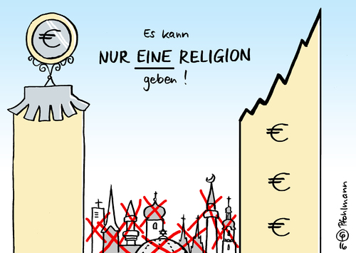 Cartoon: EINE Religion! (medium) by Pfohlmann tagged karikatur,cartoon,2016,color,deutschland,diskussion,moschee,moscheen,kirchen,staat,islam,grundgesetz,religion,religionsfreiheit,konsum,kapitalismus,euro,geld,überwachung,kontrolle,afd,kirchtürme,kirchturm,kirche,minarett,verbot,muezzin,karikatur,cartoon,2016,color,deutschland,diskussion,moschee,moscheen,kirchen,staat,islam,grundgesetz,religion,religionsfreiheit,konsum,kapitalismus,euro,geld,überwachung,kontrolle,afd,kirchtürme,kirchturm,kirche,minarett,verbot,muezzin