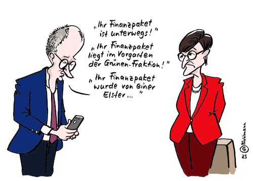 Cartoon: Finanzpaket-Odyssee (medium) by Pfohlmann tagged finanzpaket,groko,koalition,haushalt,grüne,merz,cdu,union,spd,esken,email,benachrichtigung,zustellung,bundeskanzler,post,dhl,hermes,paketbote,elster,schuldenbremse,aufrüstung,bundeswehr,infrastruktur,finanzpaket,groko,koalition,haushalt,grüne,merz,cdu,union,spd,esken,email,benachrichtigung,zustellung,bundeskanzler,post,dhl,hermes,paketbote,elster,schuldenbremse,aufrüstung,bundeswehr,infrastruktur