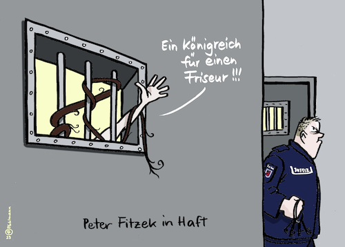 Cartoon: König in Haft (medium) by Pfohlmann tagged könig,königreich,deutschland,fitzek,peter,haft,gefängnis,knast,frisör,friseur,frisur,zopf,pferdeschwanz,reichsbürger,selbstverwalter,verfassung,grundgesetz,häftling,haftanstalt,justizvollzugsanstalt,haare,könig,königreich,deutschland,fitzek,peter,haft,gefängnis,knast,frisör,friseur,frisur,zopf,pferdeschwanz,reichsbürger,selbstverwalter,verfassung,grundgesetz,häftling,haftanstalt,justizvollzugsanstalt,haare