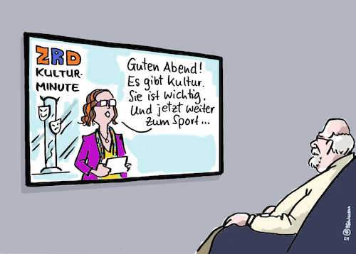 Cartoon: Kulturminute (medium) by Pfohlmann tagged fernsehen,tv,medien,kultur,örr,ard,zdf,öffentlichrechtlich,reform,information,bildung,sport,unterhaltung,fernsehen,tv,medien,kultur,örr,ard,zdf,öffentlichrechtlich,reform,information,bildung,sport,unterhaltung