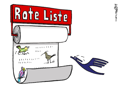 Cartoon: Lufthansa Rote Liste (medium) by Pfohlmann tagged 2020,corona,coronakrise,lufthansa,flugverkehr,rote,liste,aussterben,artensterben,vogel,kranich,vögel,2020,corona,coronakrise,lufthansa,flugverkehr,rote,liste,aussterben,artensterben,vogel,kranich,vögel