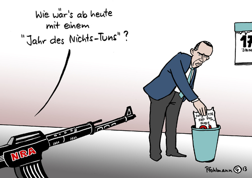 Cartoon: Nichts-Tun-Jahr (medium) by Pfohlmann tagged karikatur,cartoon,color,farbe,2013,usa,amerika,obama,präsident,waffengesetz,verschärfung,amoklauf,amok,waffenlobby,nra,tag,des,nichtstuns,nichts,gedenktag,16,januar,kalender,sturmgewehr,waffe,gewehr,drohung,karikatur,cartoon,color,farbe,2013,usa,amerika,obama,präsident,waffengesetz,verschärfung,amoklauf,amok,waffenlobby,nra,tag,des,nichtstuns,nichts,gedenktag,16,januar,kalender,sturmgewehr,waffe,gewehr,drohung