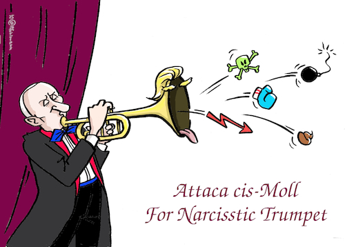 Cartoon: Putins Trumpet (medium) by Pfohlmann tagged putin,trump,russland,usa,ukraine,deal,trumpet,trompete,musik,musiker,cis,attacke,aggression,weltordnung,verbrüderung,diktatoren,autokratie,diktatur,männer,fakenews,narzissmus,narzisst,instrument,instrumentalisierung,narcisstic,imperialismus,rache,macht,gier,putin,trump,russland,usa,ukraine,deal,trumpet,trompete,musik,musiker,cis,attacke,aggression,weltordnung,verbrüderung,diktatoren,autokratie,diktatur,männer,fakenews,narzissmus,narzisst,instrument,instrumentalisierung,narcisstic,imperialismus,rache,macht,gier