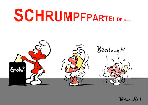 Cartoon: Schrumpfpartei (medium) by Pfohlmann tagged karikatur,cartoon,color,farbe,2018,deutschland,spd,groko,große,koalition,umfragen,schrumpfpartei,partei,volkspartei,schlumpf,schlümpfe,zwerge,abstimmung,basis,wahlergebnis,wähler,schwund,karikatur,cartoon,color,farbe,2018,deutschland,spd,groko,große,koalition,umfragen,schrumpfpartei,partei,volkspartei,schlumpf,schlümpfe,zwerge,abstimmung,basis,wahlergebnis,wähler,schwund