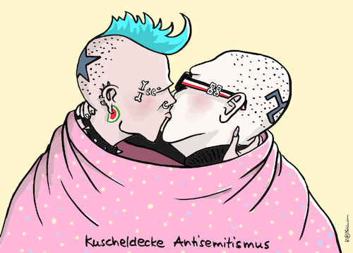 Cartoon: Trendige Kuscheldecke (medium) by Pfohlmann tagged bruderkuss,antisemitismus,judenhass,judenfeindlichkeit,linksextremismus,rechtsextremismus,islamismus,straftaten,kuscheldecke,querfront,einigkeit,liebe,zärtlichkeit,beziehung,bruderkuss,antisemitismus,judenhass,judenfeindlichkeit,linksextremismus,rechtsextremismus,islamismus,straftaten,kuscheldecke,querfront,einigkeit,liebe,zärtlichkeit,beziehung