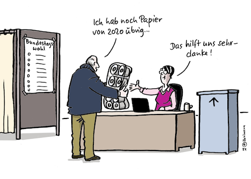 Cartoon: Wahlpapierspende (medium) by Pfohlmann tagged ampel,scholz,neuwahlen,bundestagswahl,bundeswahlleiterin,papiermangel,klopapier,toilettenpapier,corona,coronapandemie,hamstern,2020,vorrat,vorräte,spende,wahllokal,wahlhelferin,ampel,scholz,neuwahlen,bundestagswahl,bundeswahlleiterin,papiermangel,klopapier,toilettenpapier,corona,coronapandemie,hamstern,2020,vorrat,vorräte,spende,wahllokal,wahlhelferin