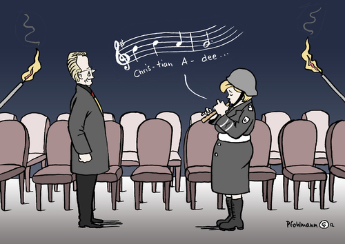 Cartoon: Zapfenstreichlein (medium) by Pfohlmann tagged musikkorps,musik,lied,winter,ade,christian,flöte,blockflöte,abschied,feier,ehrensold,leere,plätze,stühle,gäste,boykott,absagen,bundeswehr,merkel,bundeskanzlerin,zapfenstreich,rücktritt,wulff,bundespräsident,deutschland,2012,farbe,color,karikatur,2012,deutschland,bundespräsident,rücktritt,zapfenstreich,bundeskanzlerin,merkel,bundeswehr,wulff