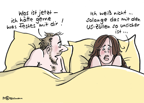 Cartoon: Zoll-Unsicherheit (medium) by Pfohlmann tagged liebe,beziehung,usa,trump,zölle,handelskrieg,wirtschaft,unsicherheit,bett,partnerschaft,date,liebe,beziehung,usa,trump,zölle,handelskrieg,wirtschaft,unsicherheit,bett,sex,partnerschaft,date