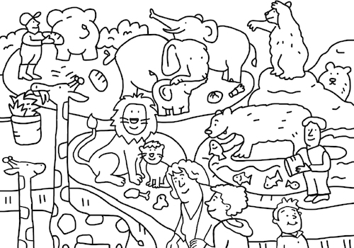 Cartoon: ausmalbild Zoo (medium) by sabine voigt tagged ausmalbild,zoo,tiere,elefanten,bären,robben,seehunde,giraffen,flamingos,kinder,nashorn,zucht,ökologie,bio,biodiversität,artenvielfalt,artensterben,umwelt,wald,nahrungskette,biologie,arten,umweltschutz