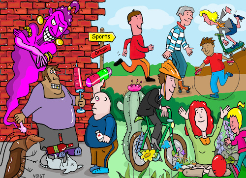 Cartoon: Drugs and Sports (medium) by sabine voigt tagged drogen,sport,crack,heroin,spritze,kriminalität,prävention,bewegung,gesundheit,wellness,therapie,verbrechen,sucht
