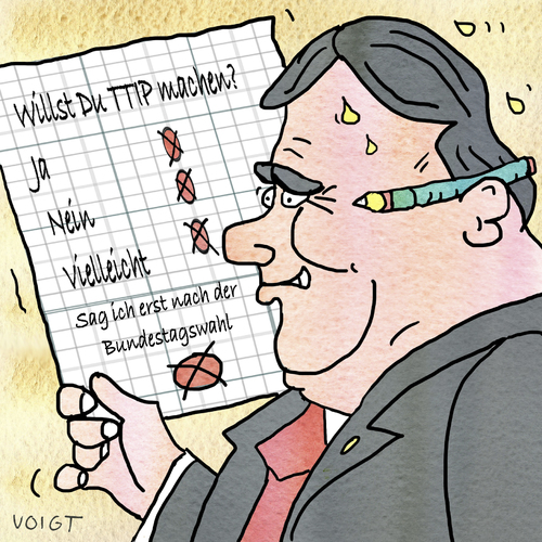 Cartoon: Gabriel TTIP (medium) by sabine voigt tagged gabriel,ttip,freihandelsabkommen,spd,wirtschaft,handel,usa,nahrung,gesundheit,chlor,huhn,currywurst