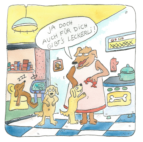 Cartoon: Hund Leckerli (medium) by sabine voigt tagged hund,leckerli,essen,familie,haustier,kinder,welpen,hundeschule,futter,tiere,tierschutz