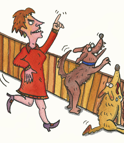 Cartoon: hund schimpfen (medium) by sabine voigt tagged hund,schimpfen,hunde,nachbarn,streit,aufpassen,zaun,schutz