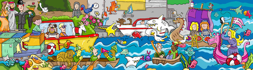 Cartoon: Köln Rhein (medium) by sabine voigt tagged köln,rhein,legende,tourismus,kölsch,sage,schiffe,boote,segelboot,segeln,religion,mittelalter