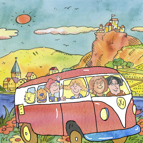 Cartoon: reise reisen vw-Bus (medium) by sabine voigt tagged reise,reisen,vw,bus,familie,ferien,tourismus,mosel,rhein,saar