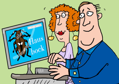 Cartoon: schädlinge Hausbock (medium) by sabine voigt tagged schädlinge,hausbock,computer,insekten,haus,versicherung,kammerjäger,befall,firma,gift