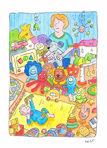 Cartoon: Spielzeug (medium) by sabine voigt tagged spielzeug,geschenke,konsum,kinderzimmer,erziehung,eltern,baby,erstausstattung,mutter,socken,spiel,kreativität,überdosis,überreizung,massenware,verzicht,kind,spielzeug,geschenke,konsum,kinderzimmer,erziehung,eltern,baby,erstausstattung,mutter,socken,spiel,kreativität,überdosis,überreizung,massenware,verzicht,kind