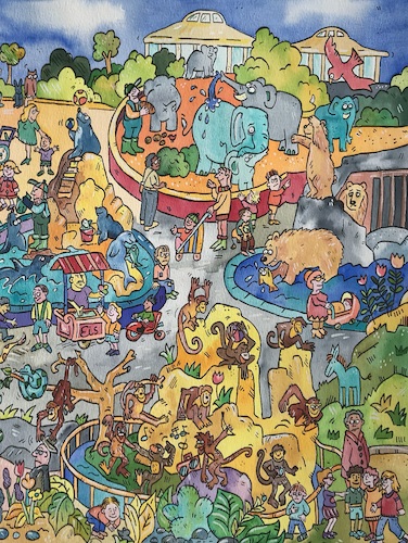 Cartoon: wimmelbild Zoo (medium) by sabine voigt tagged wimmelbild,zoo,tiere,elefanten,esel,bären,giraffe,spielplatz,pinguin,affen,shop,seehunde,familie,panda