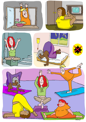 Cartoon: Yoga nach covid (medium) by sabine voigt tagged covid,corona,yoga,asana,sport,übung,turnen,hobby,meditation,entspannung,prävention,bewegung,gesundheit,wellness,therapie,fitness