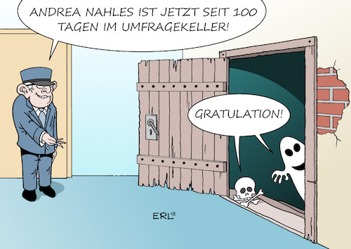 Cartoon: 100 Tage Andrea Nahles (medium) by Erl tagged politik,partei,spd,100,tage,vorsitzende,andrea,nahles,umfragen,tief,umfragewerte,umfragekeller,regierung,beteiligung,groko,große,koalition,profil,neuanfang,wahlniederlage,bundestagswahl,2017,krise,sozialdemokratie,volksparteien,karikatur,erl,politik,partei,spd,100,tage,vorsitzende,andrea,nahles,umfragen,tief,umfragewerte,umfragekeller,regierung,beteiligung,groko,große,koalition,profil,neuanfang,wahlniederlage,bundestagswahl,2017,krise,sozialdemokratie,volksparteien,karikatur,erl