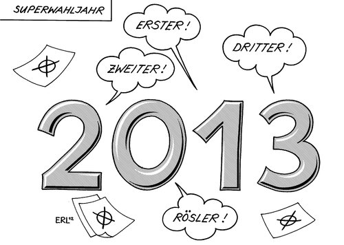 Cartoon: 2013 (medium) by Erl tagged silvester,neujahr,jahr,2013,superwahljahr,bundestagswahl,landtagswahl,sieg,niederlage,partei,cdu,csu,spd,grüne,fdp,vorsitz,philipp,rösler,kritik,führungsschwäche