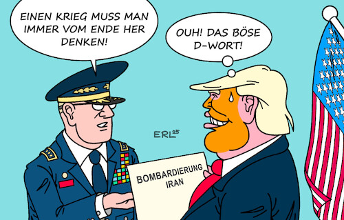 Cartoon: ... und bedenke das Ende (medium) by Erl tagged politik,usa,trump,bombardierung,iran,atomprogramm,folgen,bedenken,krieg,denken,ende,karikatur,erl,politik,usa,trump,bombardierung,iran,atomprogramm,folgen,bedenken,krieg,denken,ende,karikatur,erl