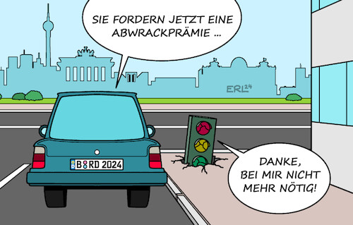 Cartoon: Abwrackprämie (medium) by Erl tagged politik,auto,gipfel,abwrackprämie,ampel,spd,grüne,fdp,wahlniederlagen,umfragetief,streit,karikatur,erl,politik,auto,gipfel,abwrackprämie,ampel,spd,grüne,fdp,wahlniederlagen,umfragetief,streit,karikatur,erl