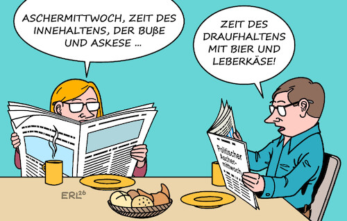 Cartoon: Aschermittwoch (medium) by Erl tagged politik,politischer,aschermittwoch,bayern,bier,leberkäse,rede,deftig,innehalten,buße,askese,frühstück,zeitung,karikatur,erl,politik,politischer,aschermittwoch,bayern,bier,leberkäse,rede,deftig,innehalten,buße,askese,frühstück,zeitung,karikatur,erl