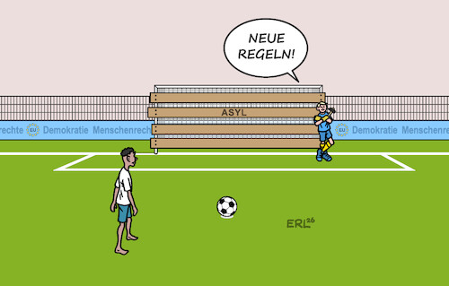 Cartoon: Asyl-Reform (medium) by Erl tagged politik,eu,verschärfung,asylrecht,reform,werte,demokratie,menschenrechte,fussball,wm,regeln,elfmeter,torwart,tor,karikatur,erl,politik,eu,verschärfung,asylrecht,reform,werte,demokratie,menschenrechte,fussball,wm,regeln,elfmeter,torwart,tor,karikatur,erl