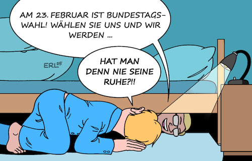 Cartoon: Bald ist Wahl I (medium) by Erl tagged politik,bundestagswahl,2025,wahlwerbung,wählerin,wähler,ruhe,bett,karikatur,erl,politik,bundestagswahl,2025,wahlwerbung,wählerin,wähler,ruhe,bett,karikatur,erl