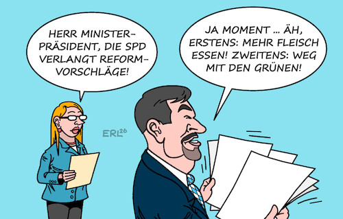 Cartoon: Bayrischer Brauch (medium) by Erl tagged politik,regierung,reform,vorschläge,spd,söder,csu,rezept,fleisch,essen,grünenbashing,bayrischer,brauch,karikatur,erl,politik,regierung,reform,vorschläge,spd,söder,csu,rezept,fleisch,essen,grünenbashing,bayrischer,brauch,karikatur,erl