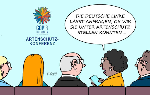 Cartoon: Bedrohte Art (medium) by Erl tagged politik,natur,umweltschutz,artenschutz,konferenz,kolumbien,bedrohte,art,die,linke,karikatur,erl,politik,natur,umweltschutz,artenschutz,konferenz,kolumbien,bedrohte,art,die,linke,karikatur,erl