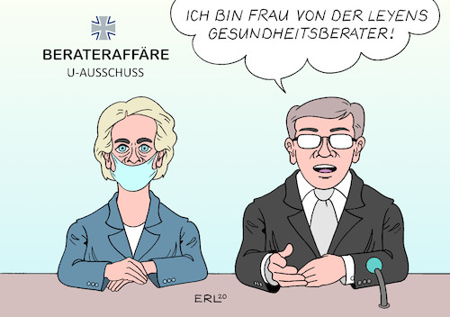 Cartoon: Berateraffäre (medium) by Erl tagged politik,politik,bundeswehrverteidigungsministerium,ursula,von,der,leyen,ex,verteidigungsministerin,berater,mckinsey,staatssekretärin,aufträge,ausschreibung,vetternwirtschaft,untersuchungsausschuss,gesundheit,coronavirus,mundschutz,aussage,karikatur,erl