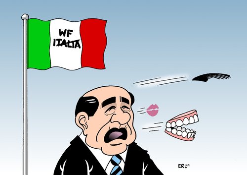 Cartoon: Berlusconi (medium) by Erl tagged italien,schulden,krise,euro,iwf,sparkurs,regierung,berlusconi,macht,machtverlust,affären,gebiss,haare,kuss,italien,krise,schulden,euro,iwf,sparkurs,regierung,berlusconi,macht,machtverlust,affären,gebiss,haare