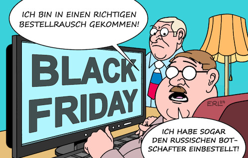 Cartoon: Black Friday (medium) by Erl tagged politik,handel,marketing,black,friday,rabatt,kaufen,online,bestellen,einbestellen,botschafter,russland,karikatur,erl,politik,handel,marketing,black,friday,rabatt,kaufen,online,bestellen,einbestellen,botschafter,russland,karikatur,erl