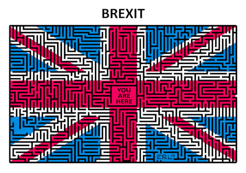 Cartoon: Brexit (medium) by Erl tagged politik,brexit,großbritannien,gb,uk,austritt,eu,europäische,union,premierministerin,theresa,may,vertrag,abstimmung,parlament,niederlage,ungewissheit,ungeordneter,chaos,verschiebung,zweites,referendum,plan,labyrinth,irrgarten,flagge,karikatur,erl,politik,brexit,großbritannien,gb,uk,austritt,eu,europäische,union,premierministerin,theresa,may,vertrag,abstimmung,parlament,niederlage,ungewissheit,ungeordneter,chaos,verschiebung,zweites,referendum,plan,labyrinth,irrgarten,flagge,karikatur,erl