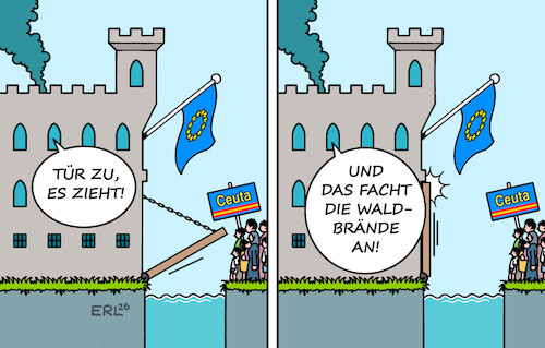 Cartoon: Ceuta (medium) by Erl tagged politik,migration,flüchtlinge,überwindung,grenze,marokko,ceuta,spanien,eu,festung,europa,zugbrücke,zugluft,waldbrände,karikatur,erl,politik,migration,flüchtlinge,überwindung,grenze,marokko,ceuta,spanien,eu,festung,europa,zugbrücke,zugluft,waldbrände,karikatur,erl