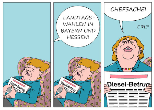 Cartoon: Chefsache Diesel (medium) by Erl tagged politik,wirtschaft,industrie,autoindustrie,diesel,dieselskandal,betrug,abgastest,software,manipulation,abgaswerte,auto,autohersteller,weigerung,nachrüstung,hardware,bundeskanzlerin,angela,merkel,verschlafen,verpennt,weckruf,chefsache,landtagswahl,bayern,hessen,umgehung,fahrverbote,ethik,moral,dieselbetrüger,autolobby,karikatur,erl,politik,wirtschaft,industrie,autoindustrie,diesel,dieselskandal,betrug,abgastest,software,manipulation,abgaswerte,auto,autohersteller,weigerung,nachrüstung,hardware,bundeskanzlerin,angela,merkel,verschlafen,verpennt,weckruf,chefsache,landtagswahl,bayern,hessen,umgehung,fahrverbote,ethik,moral,dieselbetrüger,autolobby,karikatur,erl