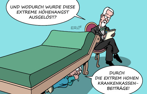 Cartoon: Das ist die Höhe (medium) by Erl tagged politik,gesundheit,krankenkassen,minus,defizit,erhöhung,zusatzbeitraege,höhenangst,michel,psychoanalyse,karikatur,erl,politik,gesundheit,krankenkassen,minus,defizit,erhöhung,zusatzbeitraege,höhenangst,michel,psychoanalyse,karikatur,erl