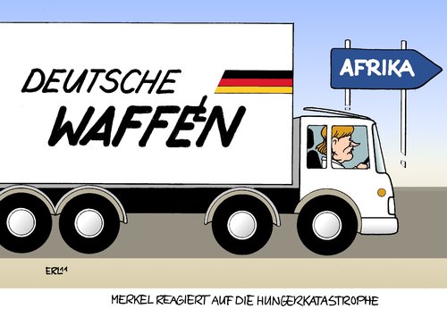 Cartoon: Deutsche Waffen (medium) by Erl tagged katastrophe,hunger,geschäft,waffen,reise,afrika,merkel,bundeskanzlerin,deutschland,deutschland,bundeskanzlerin,afrika,waffen,hunger,katastrophe
